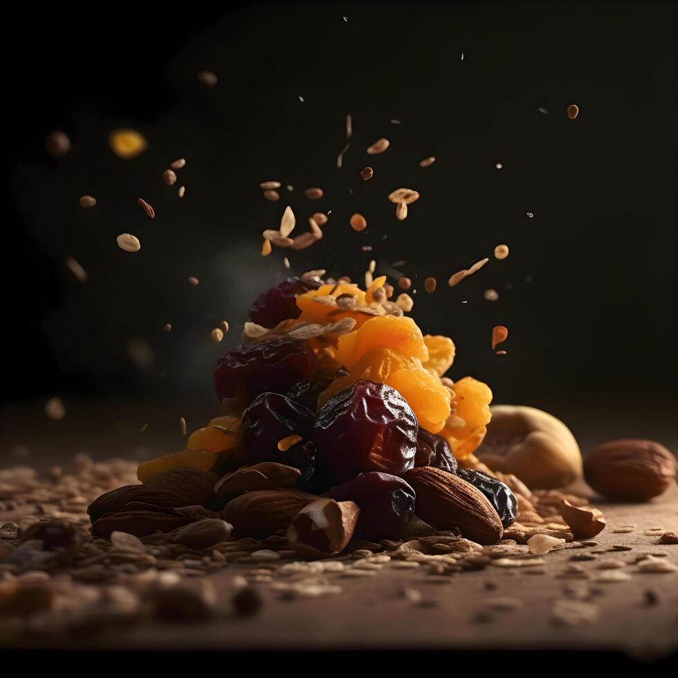 Pumpkin seeds falling into the air on a black background., Image photo