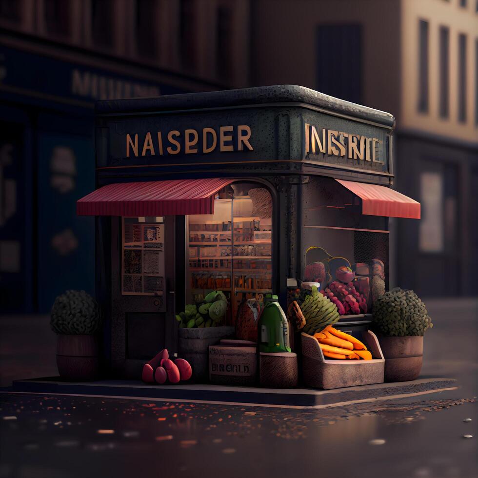 3d representación de un calle puesto con Fruta y vegetales en el ciudad, ai generativo imagen foto