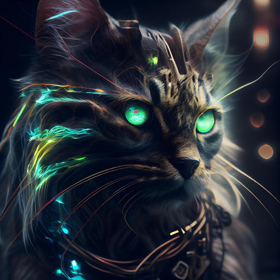 fantasía gato con verde ojos y magia luces en un negro fondo, ai generativo imagen foto