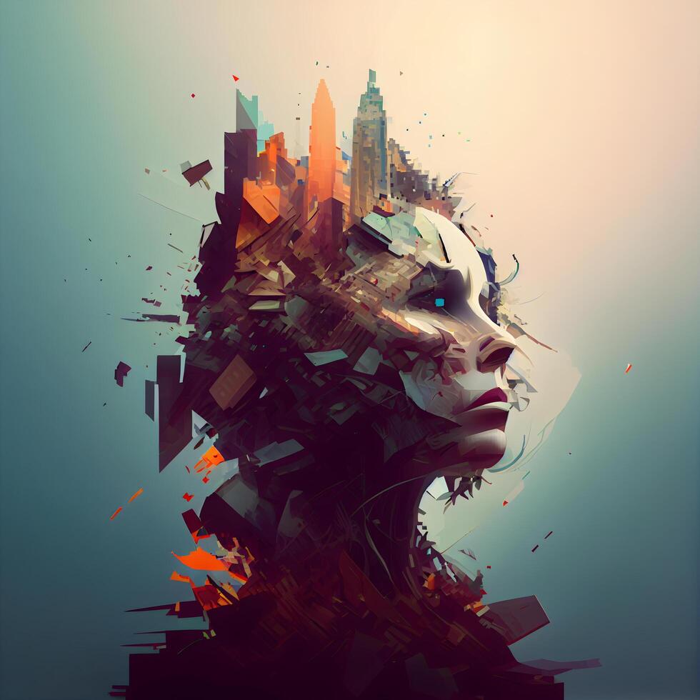 Double exposure portrait of woman face and city background. 3D rendering, Image photo