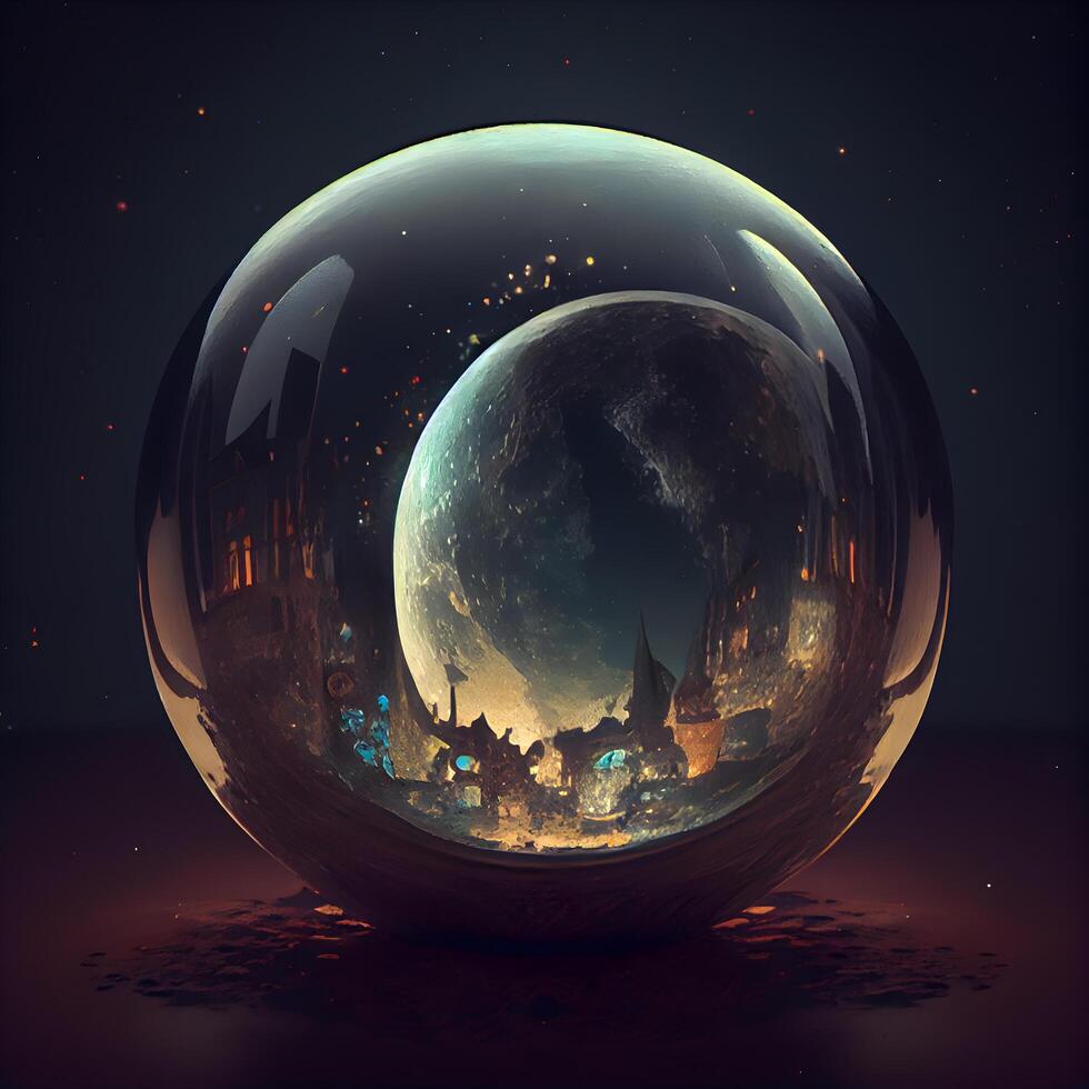 Magic crystal ball with castle in the background. 3D illustration., Image photo