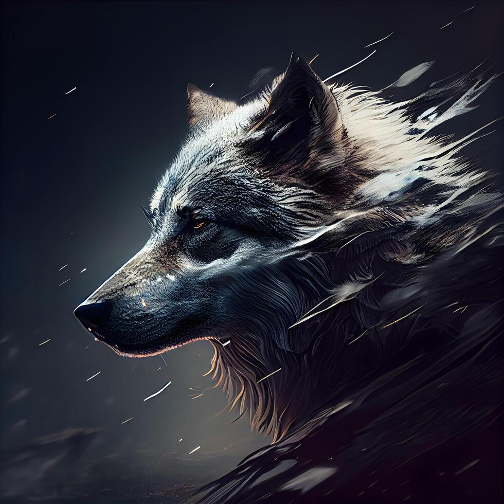 Portrait of a wolf in the rain. Illustration on a dark background., Image photo