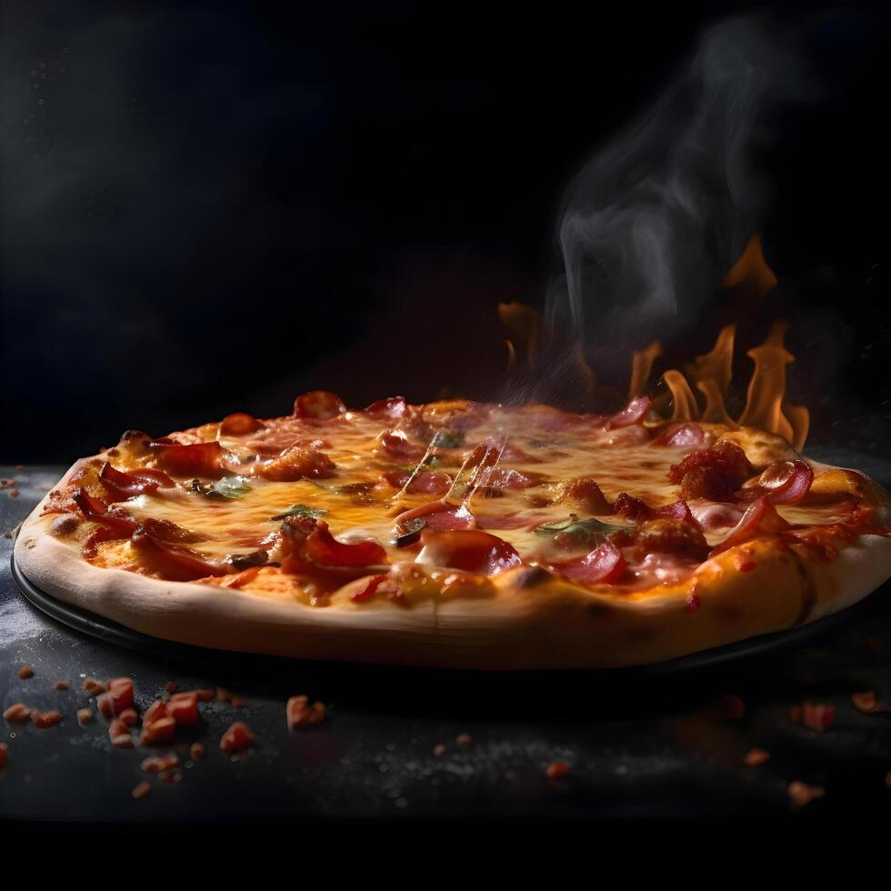 Pizza en un negro antecedentes con fuego y fumar. cerca arriba., ai generativo imagen foto