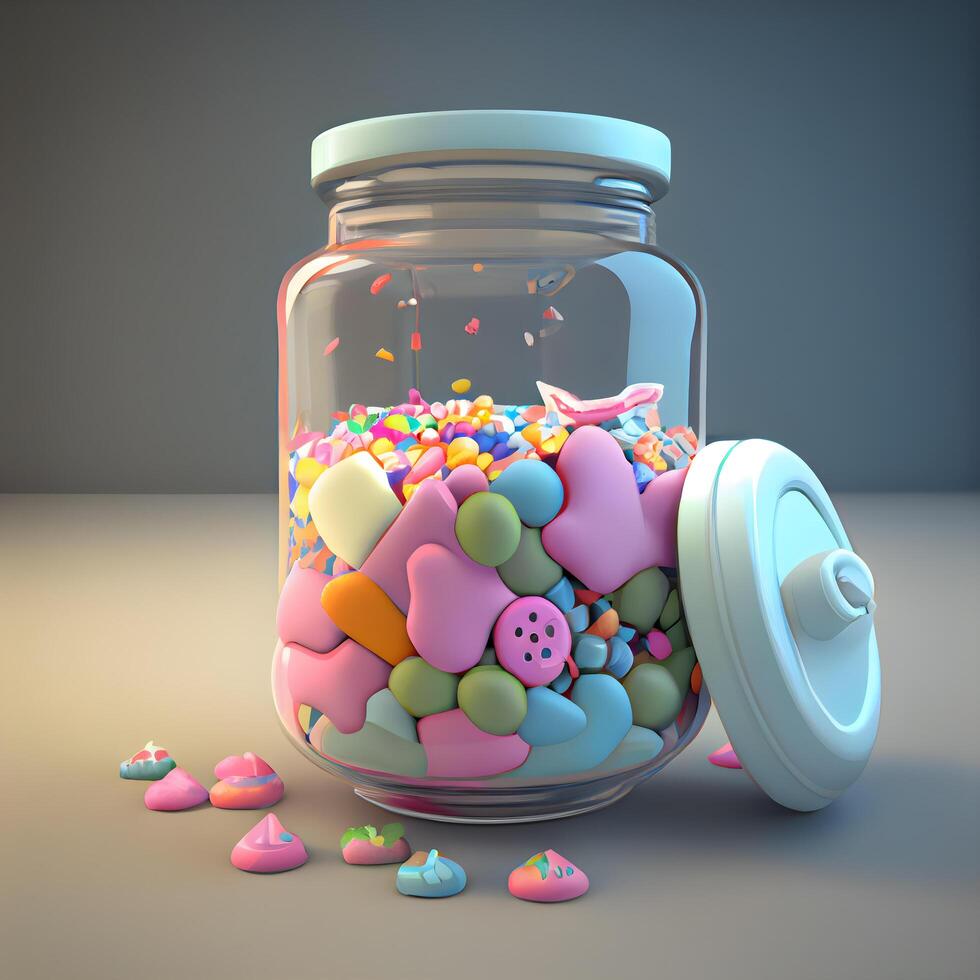 3d illustration of a glass jar full of colorful hearts and candies, Image photo