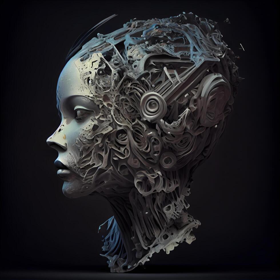 3d rendering of a female robot head with gears and cogwheels, Image photo