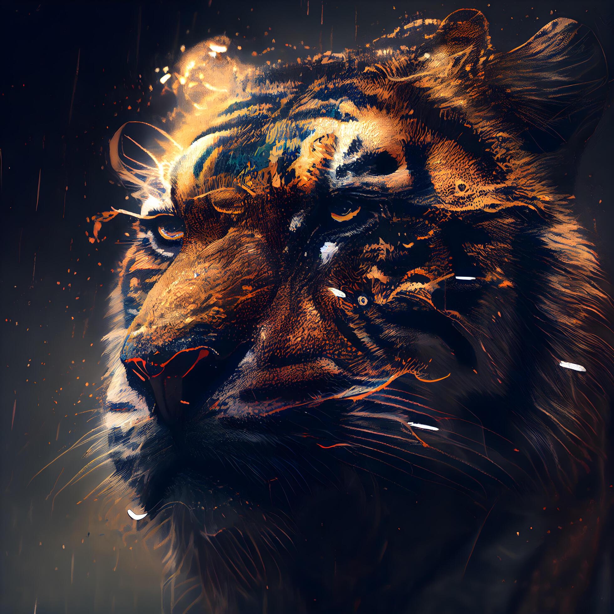 Tiger in the rain. 3D rendering. Digital painting., Ai Generative