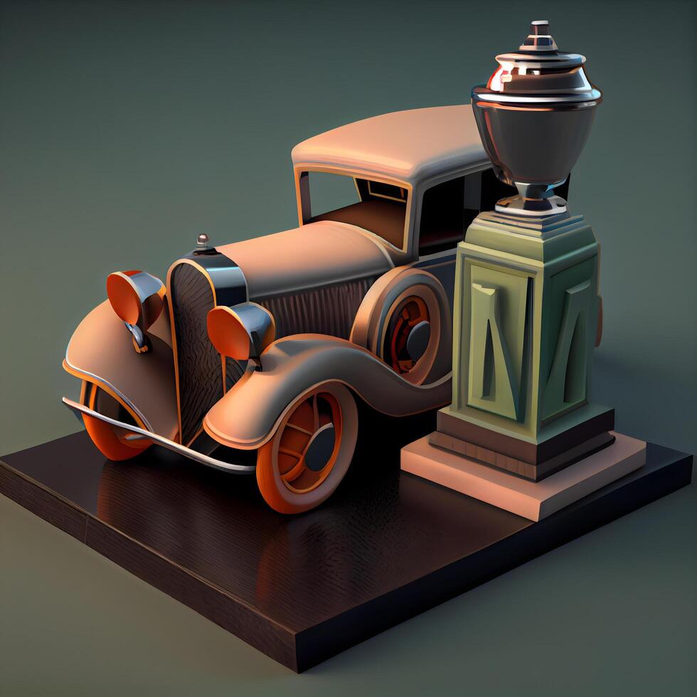 Vintage retro car on the pedestal. 3D illustration., Image photo