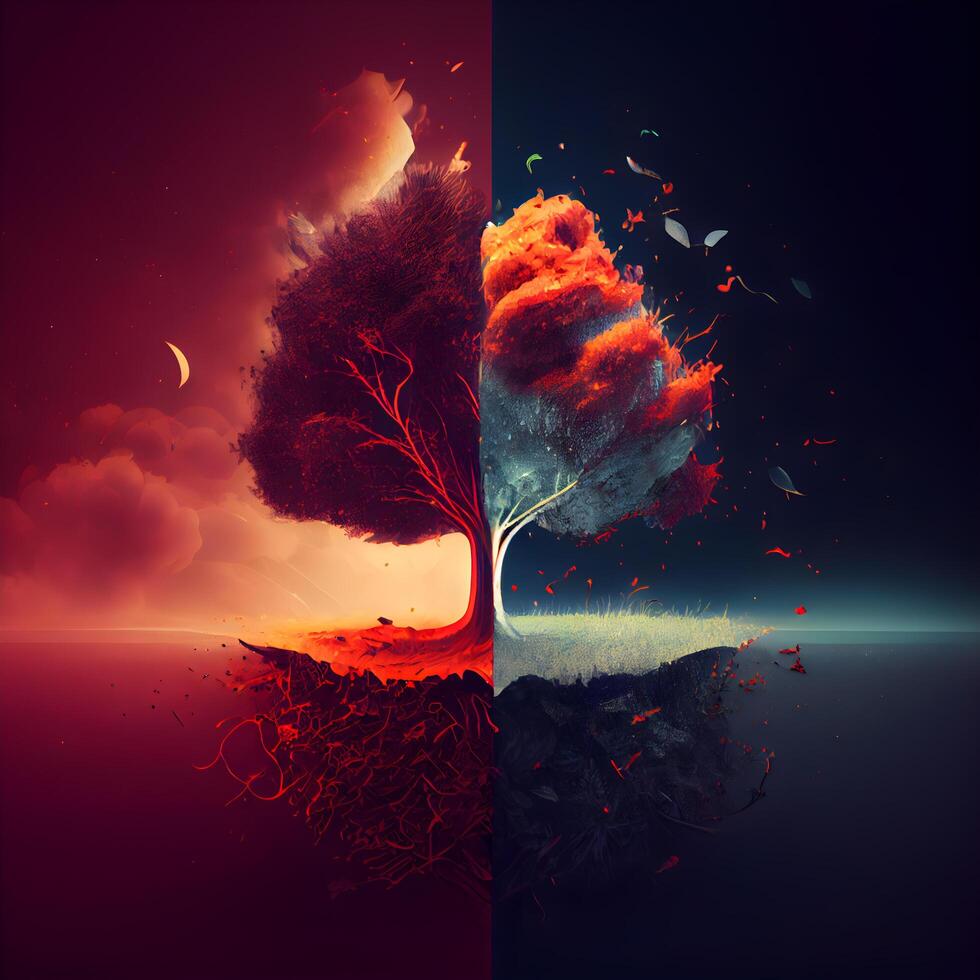 Collage of two images of a burning tree. illustration., Image photo