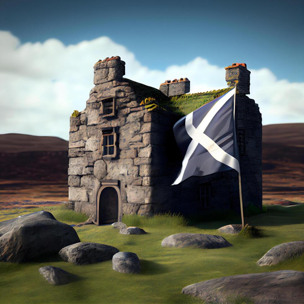 Ruins of medieval castle with flag of Scotland. 3d render, Image photo