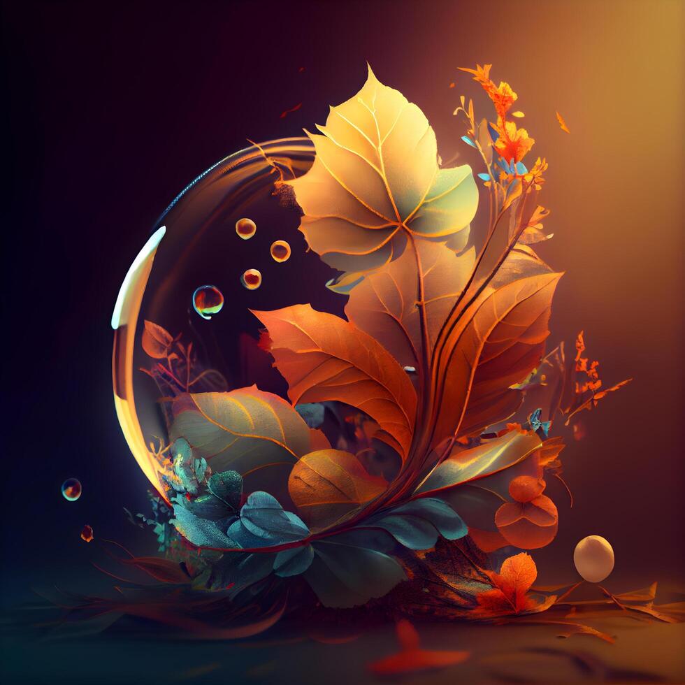 abstract background with autumn leaves and water drops. 3d illustration, Image photo