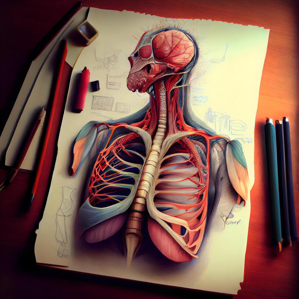 Anatomy of human body on the table with pencils., Image photo