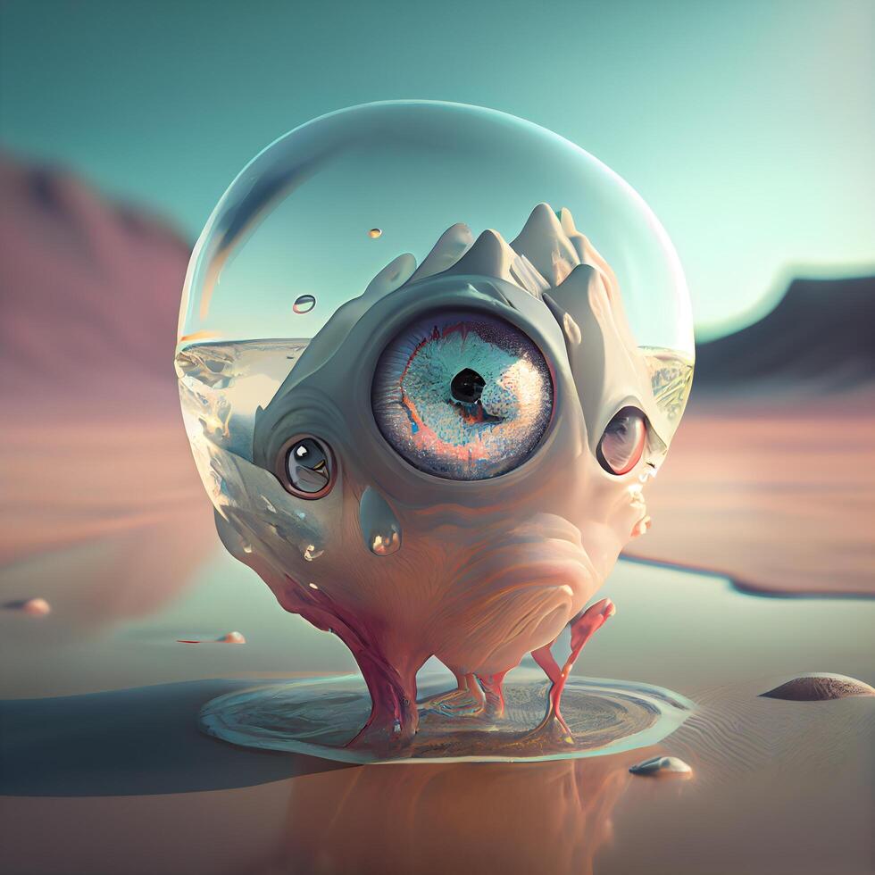 un extraterrestre mirando mediante un cristal pelota en el desierto. 3d ilustración., ai generativo imagen foto