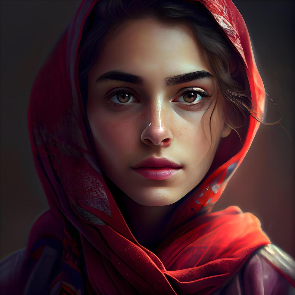 Portrait of a beautiful girl in a red shawl., Image photo