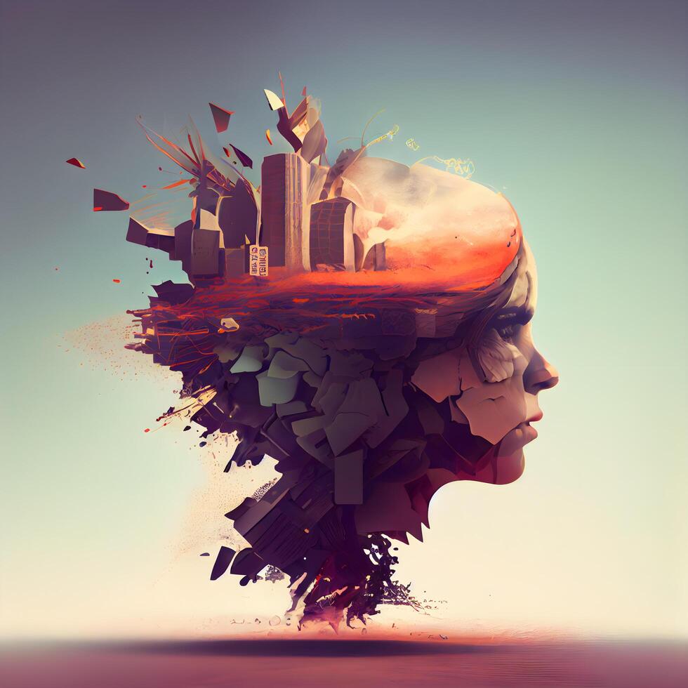 Double exposure of human head and urban landscape. 3D Rendering, Image photo