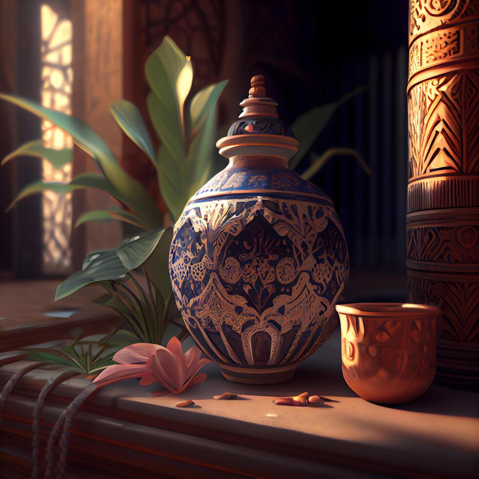Ramadan Kareem background with earthenware and flowers. 3d rendering, Image photo