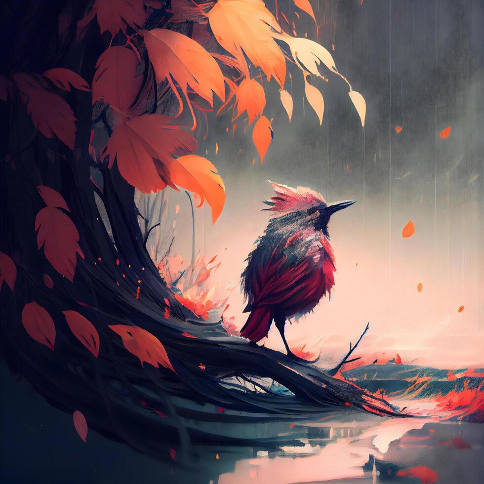 cuervo sentado en un árbol rama en un otoño bosque. digital cuadro., ai generativo imagen foto