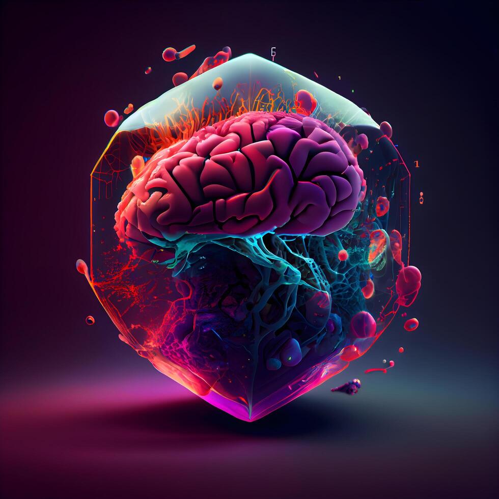 Artificial intelligence concept. 3D illustration of human brain in neon light., Image photo