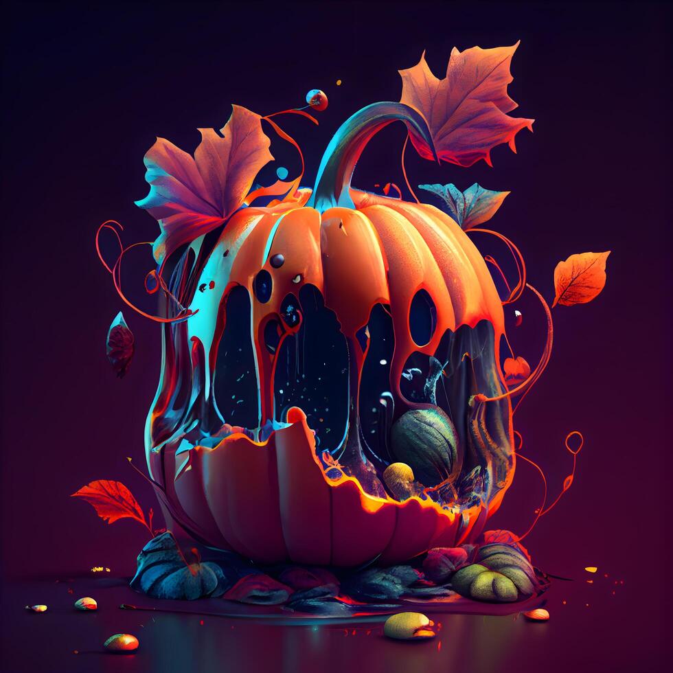Halloween pumpkins with autumn leaves and candies. 3d illustration, Image photo
