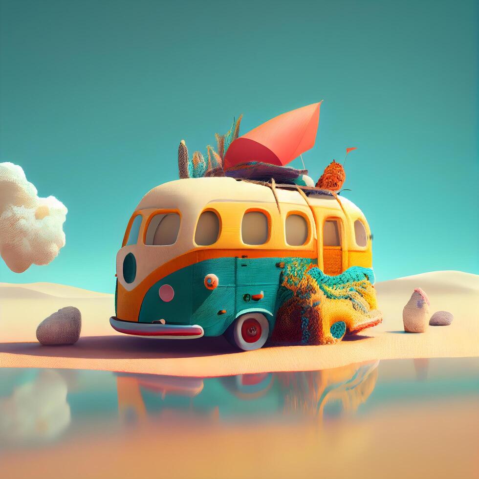 Vacation camper van on the beach. 3d render, Image photo