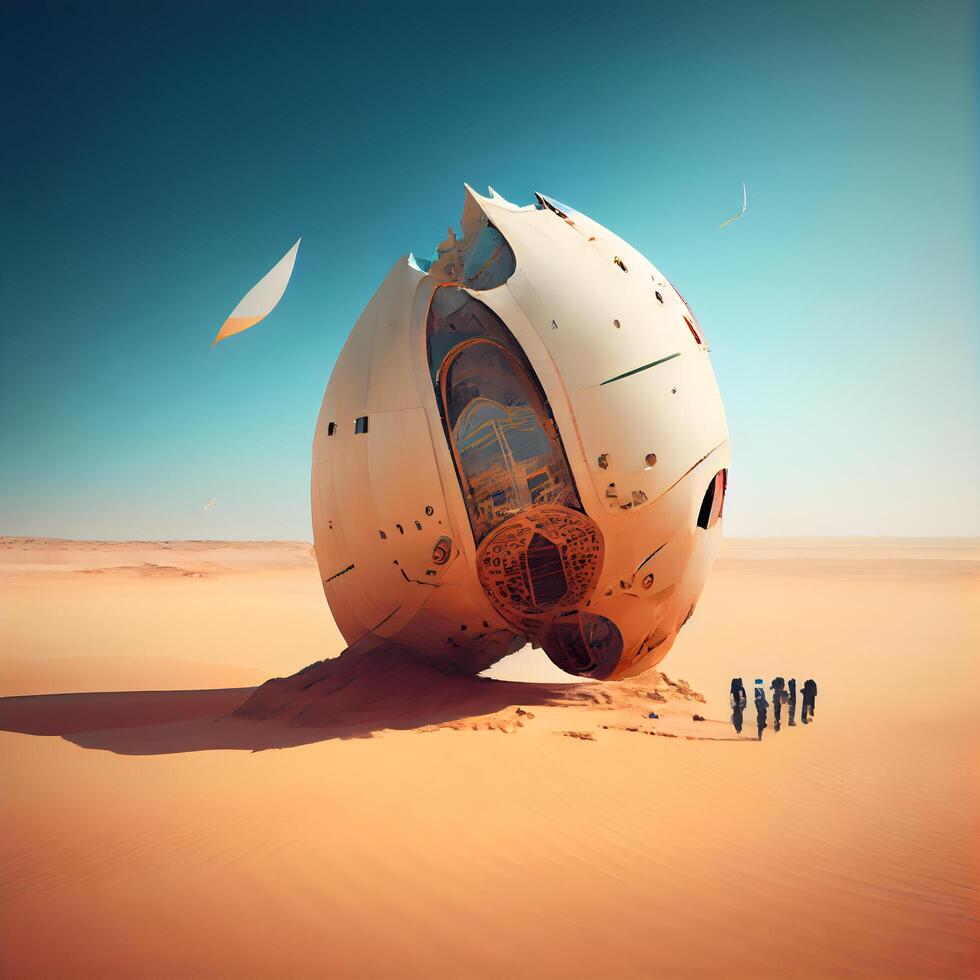 Spaceship in the Sahara desert, Morocco. 3d rendering, Image photo