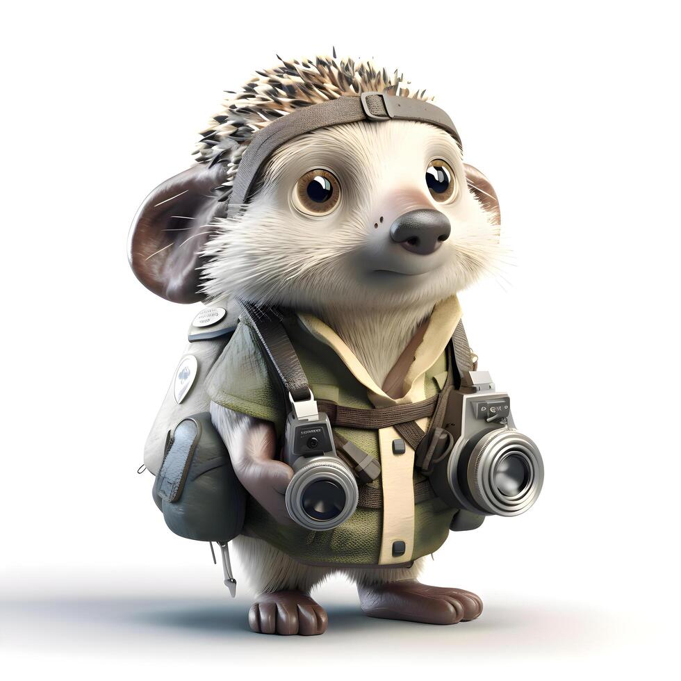 Hedgehog wearing a backpack and gas mask, 3d rendering, Image photo