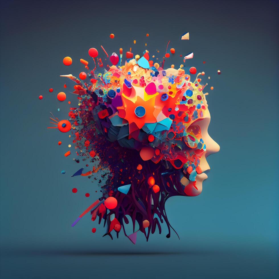 Abstract human head with colorful paint splashes. 3D illustration., Image photo