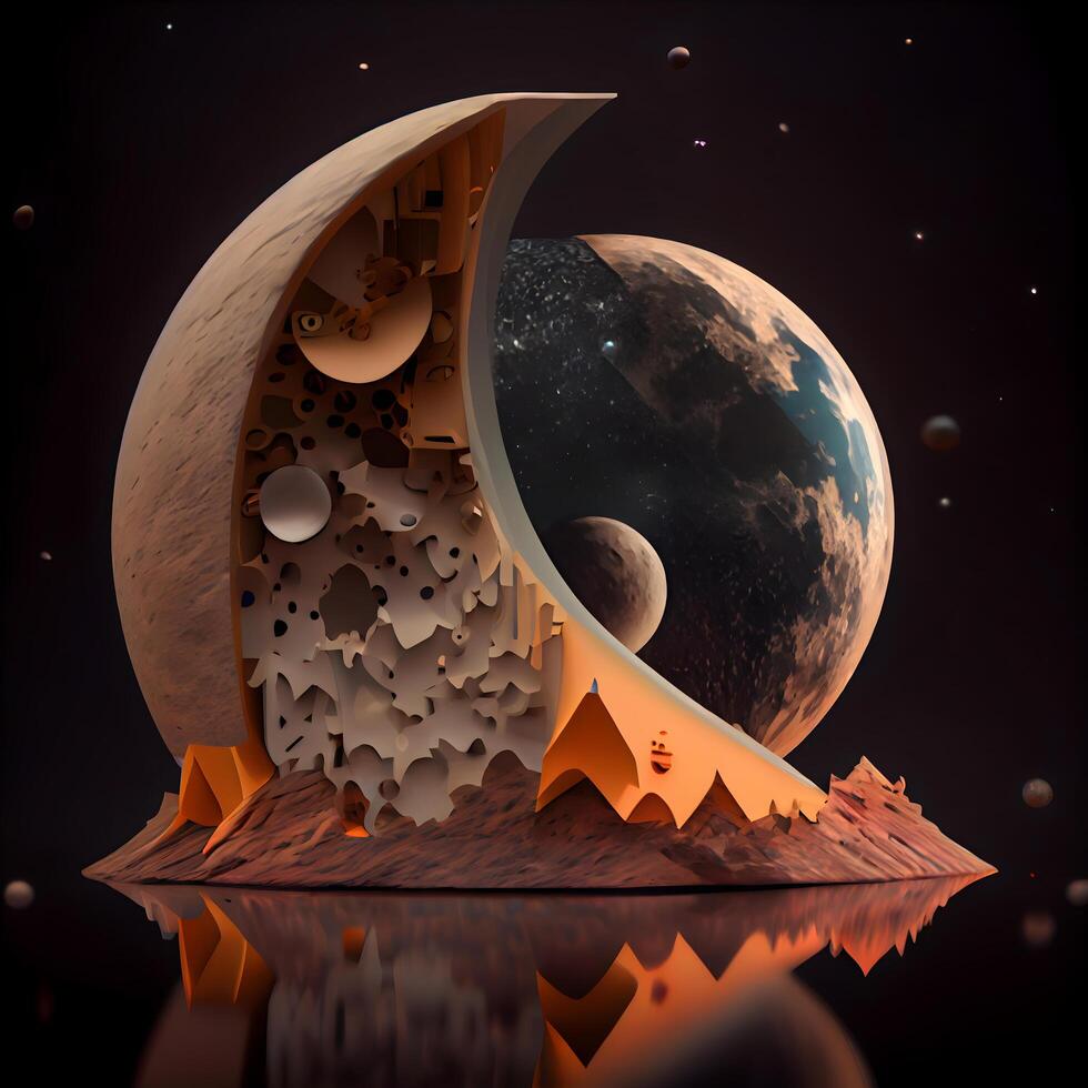 Crescent moon in the dark room. 3d render illustration., Image photo