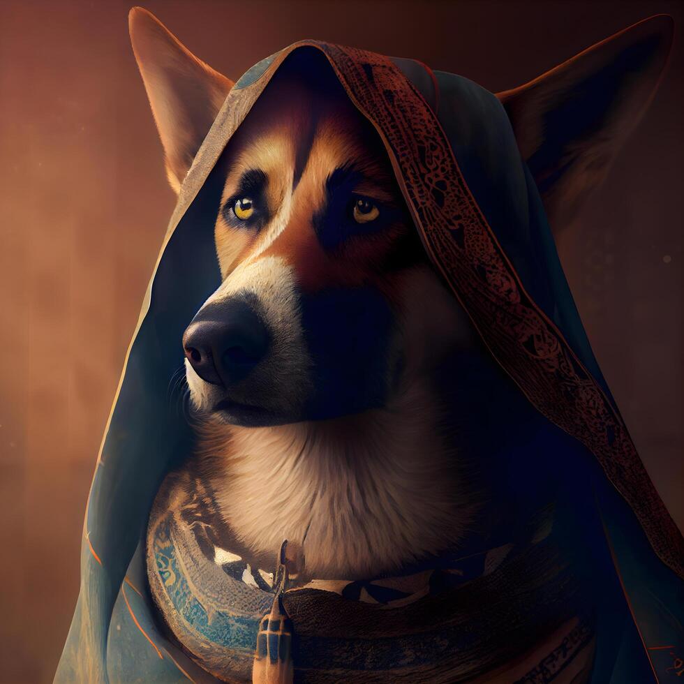 Portrait of a german shepherd dog in a blue scarf., Image photo