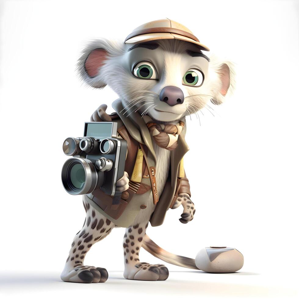 Cute cat in safari outfit with a camera and a mouse, Image photo