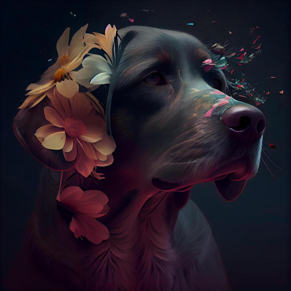 retrato de un perro con flores en el boca en un oscuro fondo, ai generativo imagen foto