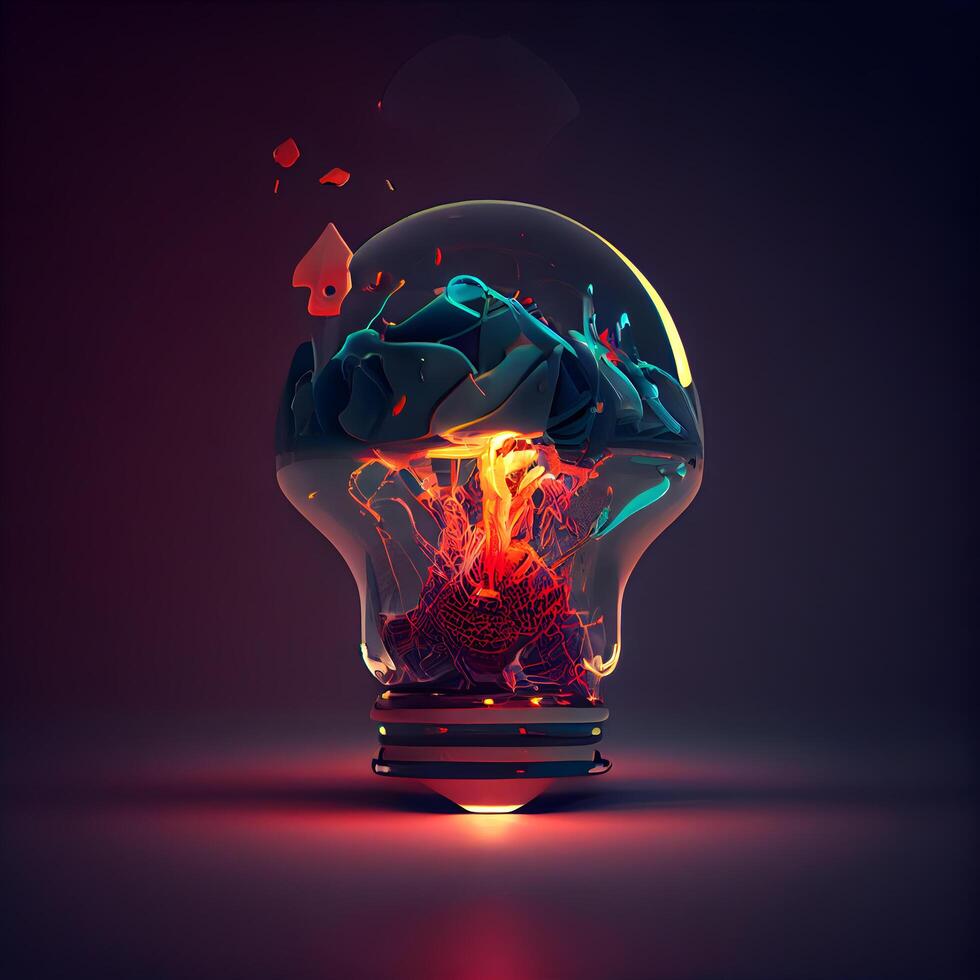 Glowing electric bulb with fire inside on dark background. illustration., Image photo