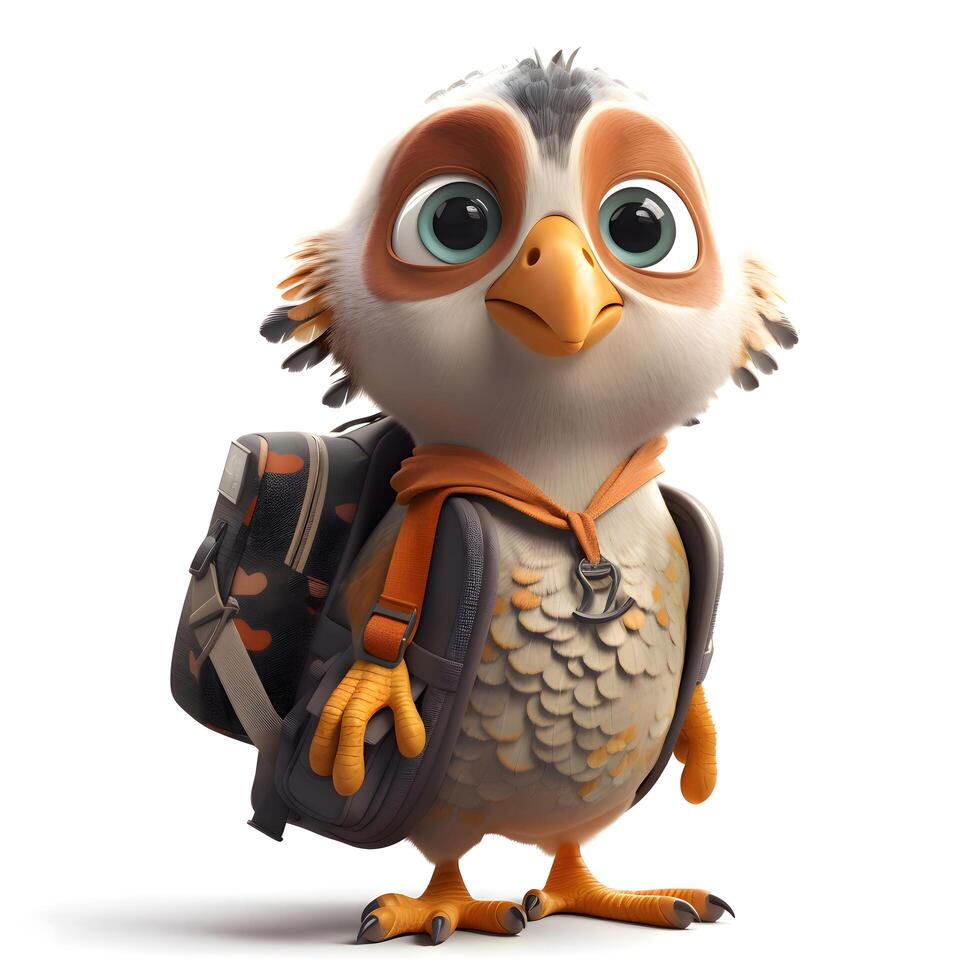 3D rendering of a cute cartoon owl with backpack isolated on white background, Image photo