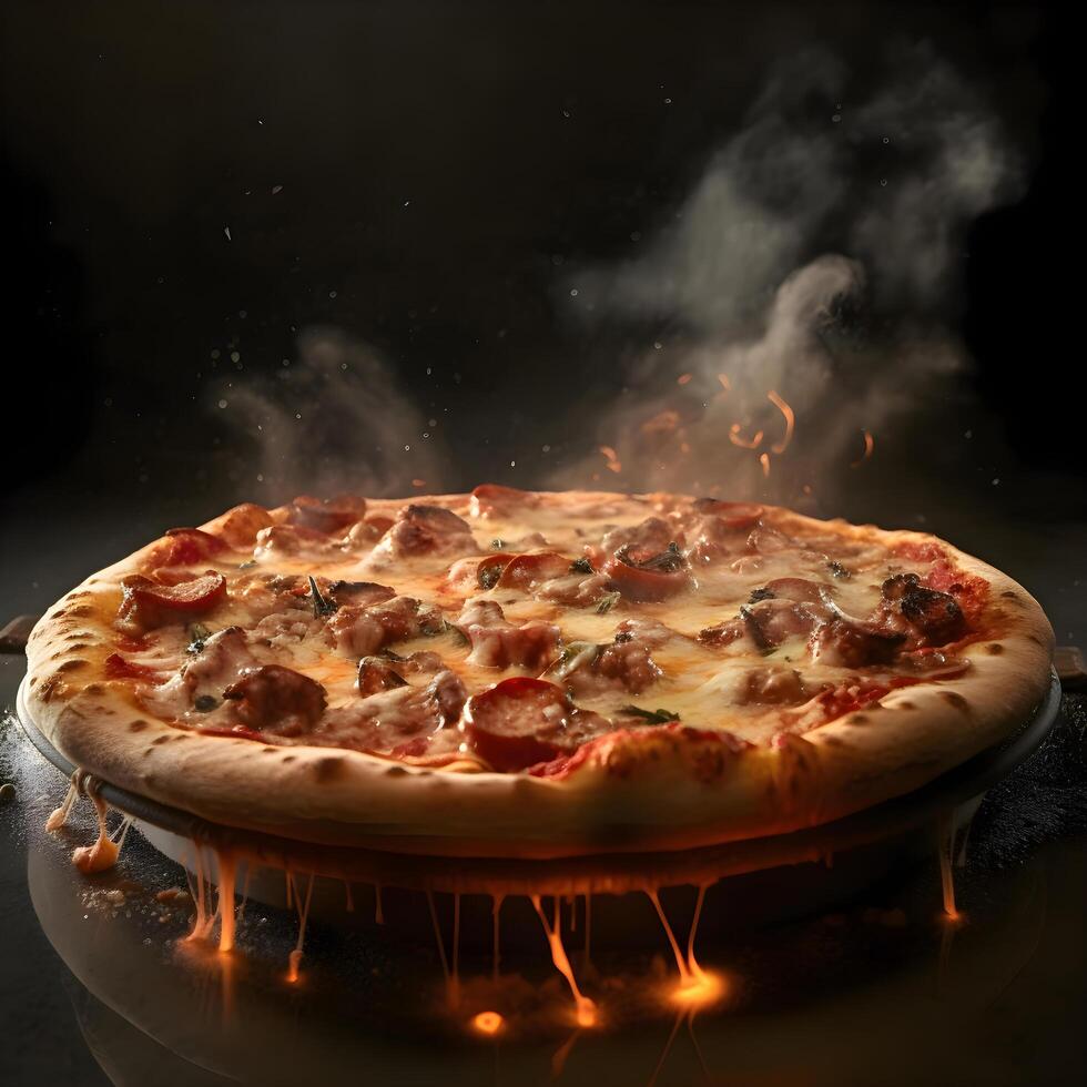 Slice of pizza on a black background with splashes of water, Image photo