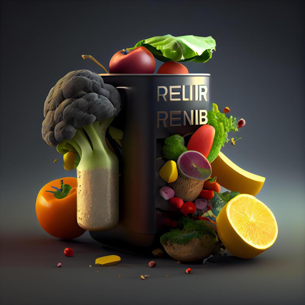 frutas y vegetales en un caja. 3d ilustración. negro fondo., ai generativo imagen foto