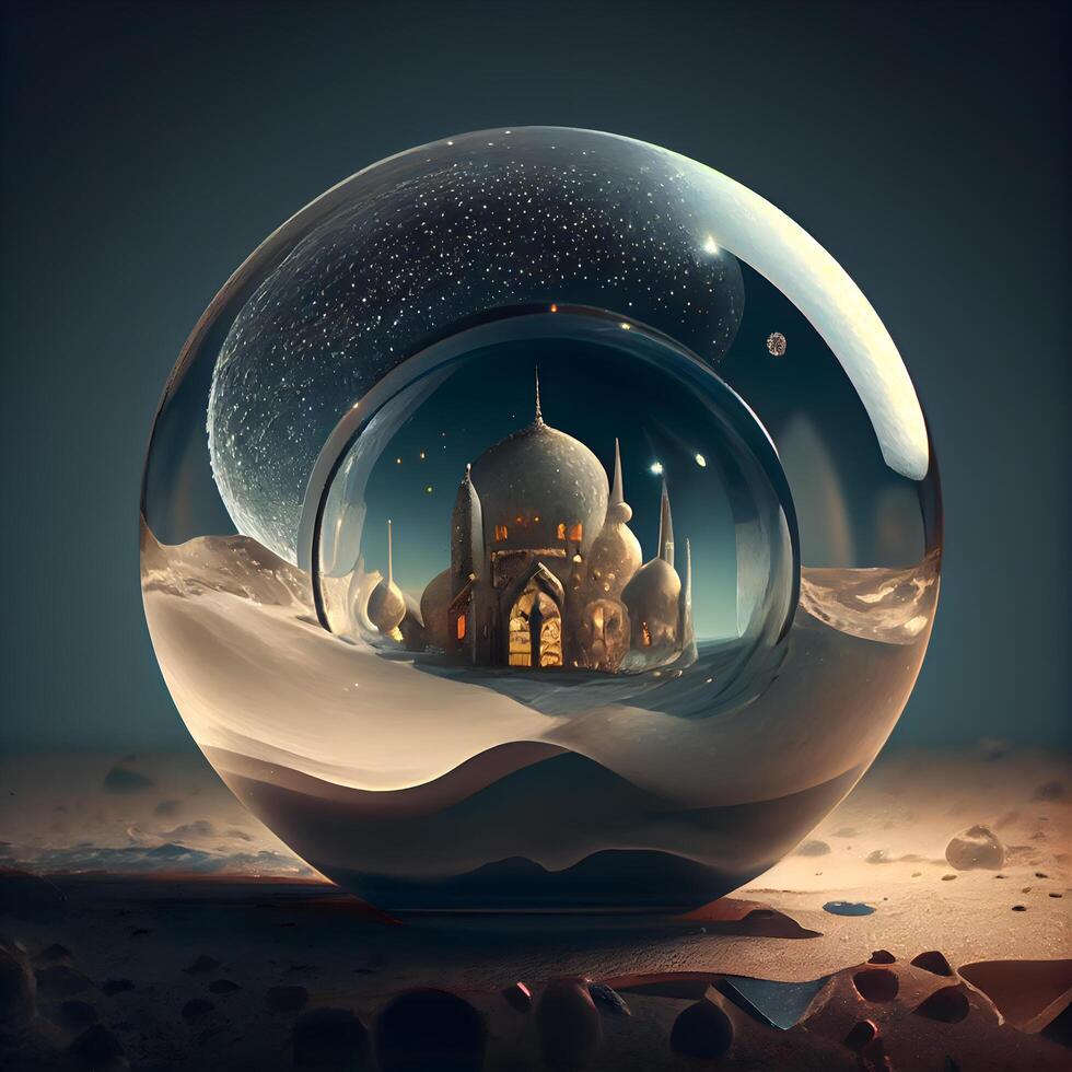 Magic crystal ball with mosque and moon in it. 3D rendering, Image photo