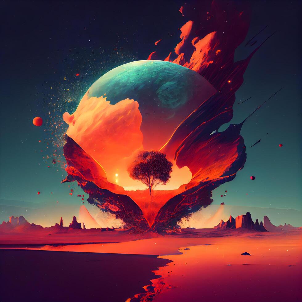 abstract planet and tree in the water, 3d render illustration, Image photo