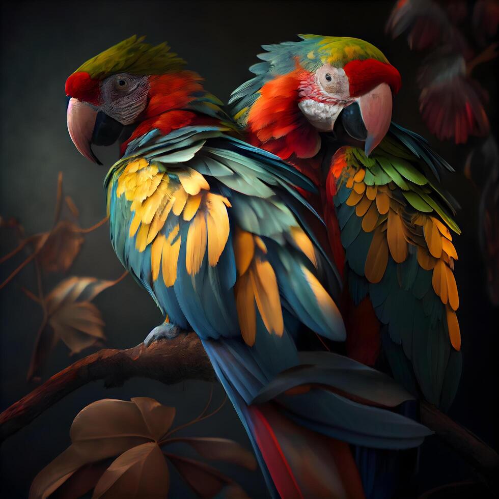 Beautiful macaw parrots sitting on a tree branch in the forest, Image photo