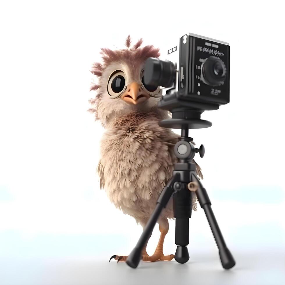 Cute bird with a camera isolated on white background. 3d illustration, Image photo