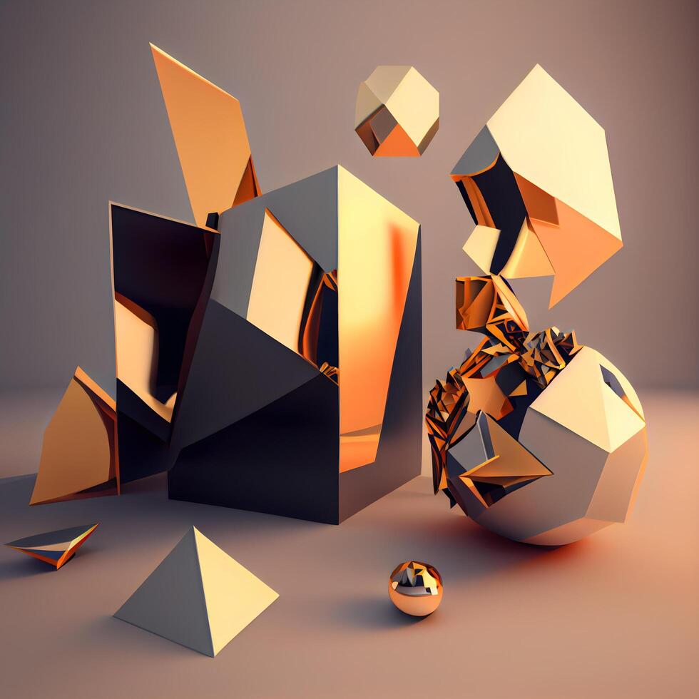 3d render of abstract geometric composition with golden and black elements., Image photo