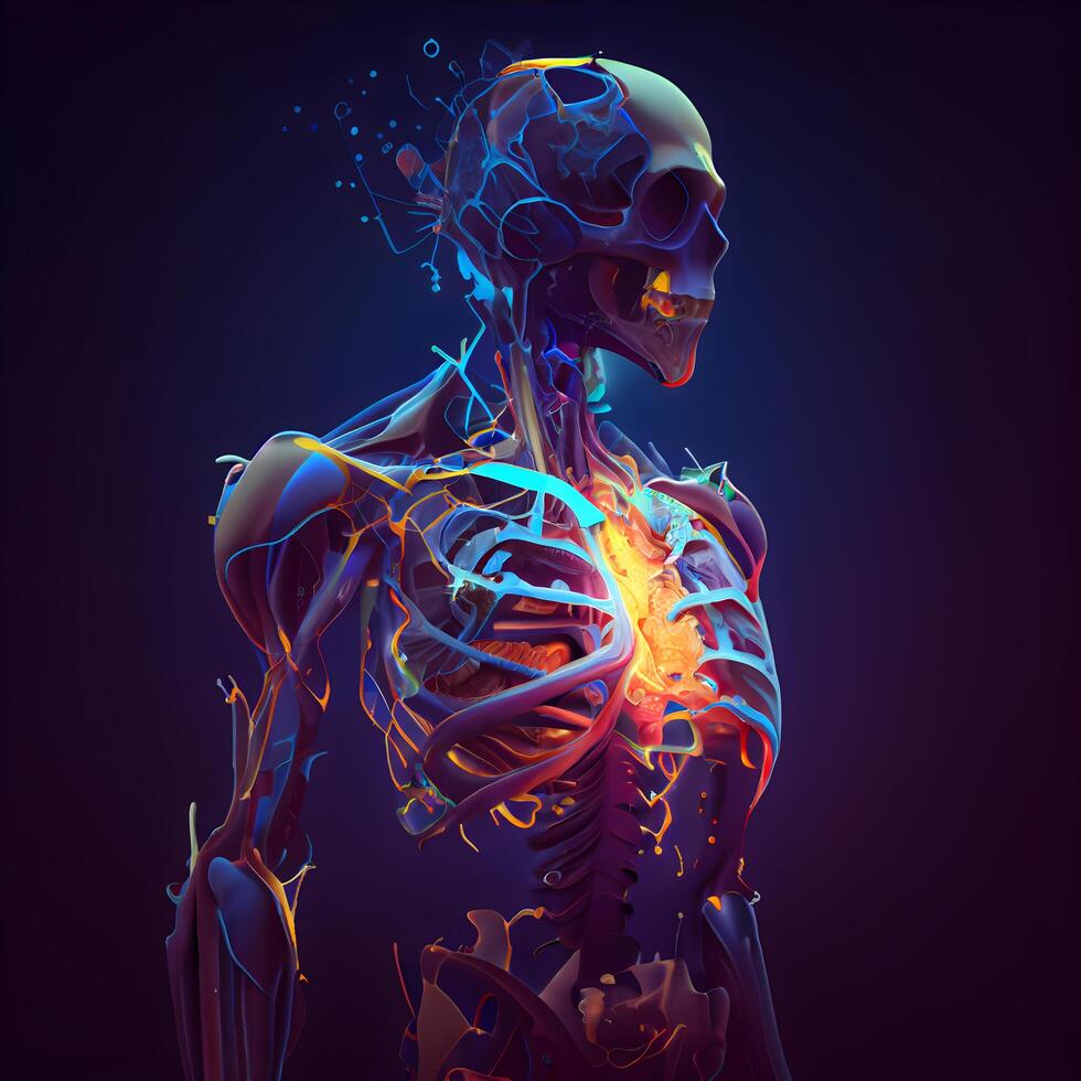Human skeleton anatomy with glowing bones, 3D illustration, medical concept, Image photo