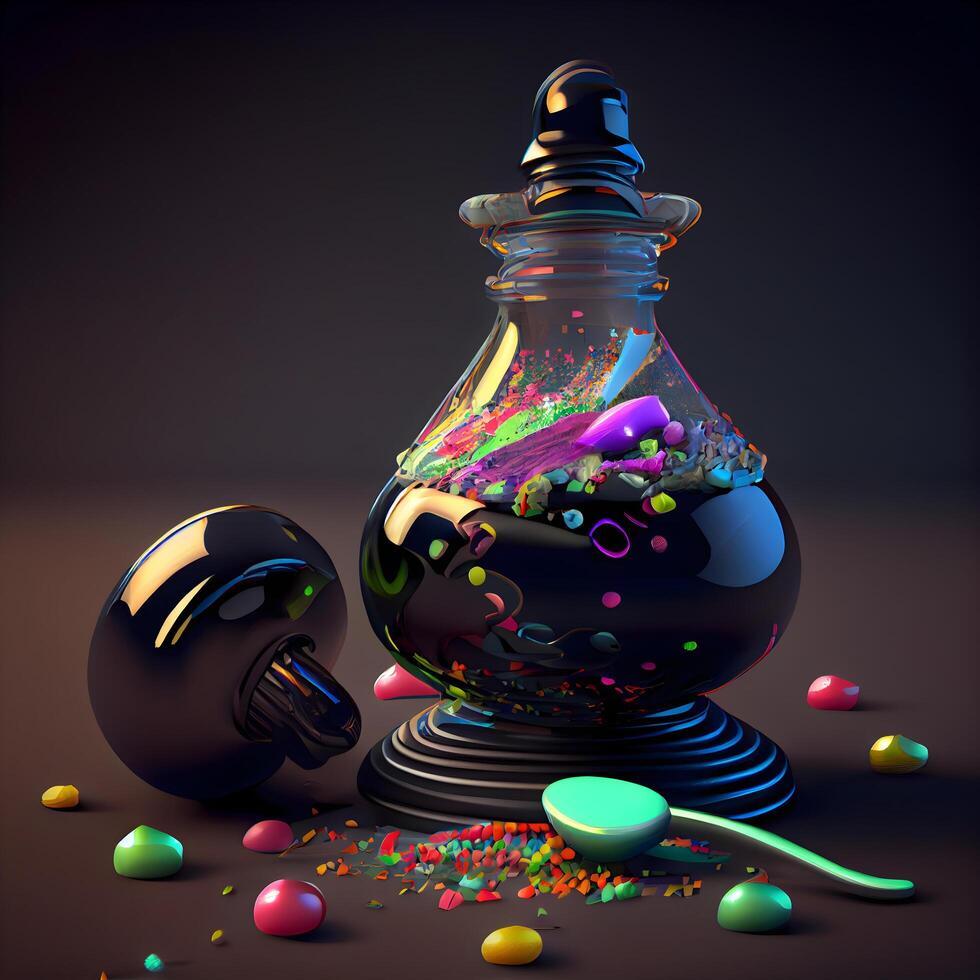 3d illustration of magic potion in a glass bottle with multicolored drops, Image photo