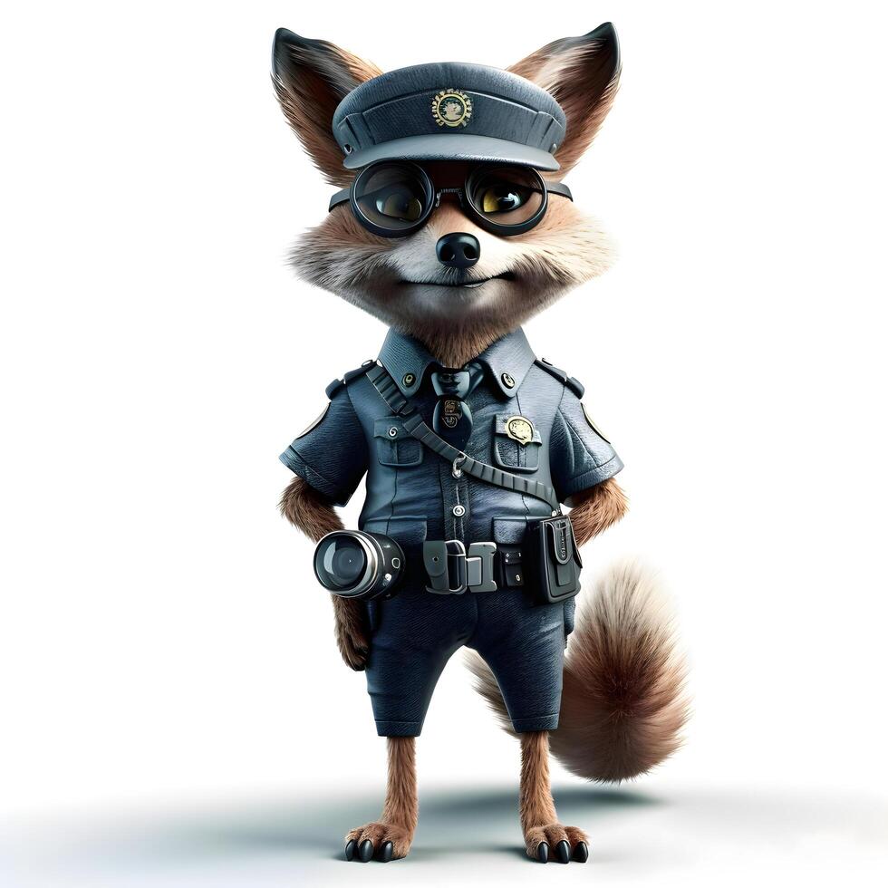 3D rendering of a little fox dressed as a police officer., Image photo