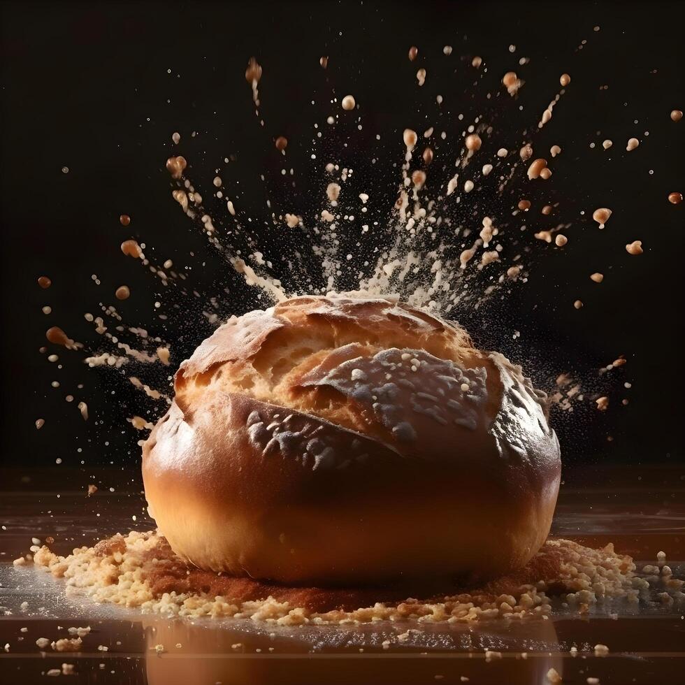 magdalena con salpicaduras de Leche en un negro fondo., ai generativo imagen foto