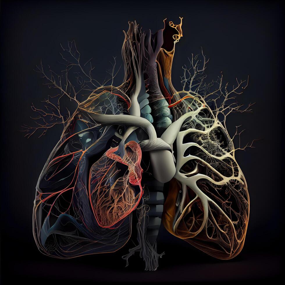 humano corazón con las venas y arterias en oscuro antecedentes. 3d ilustración, ai generativo imagen foto