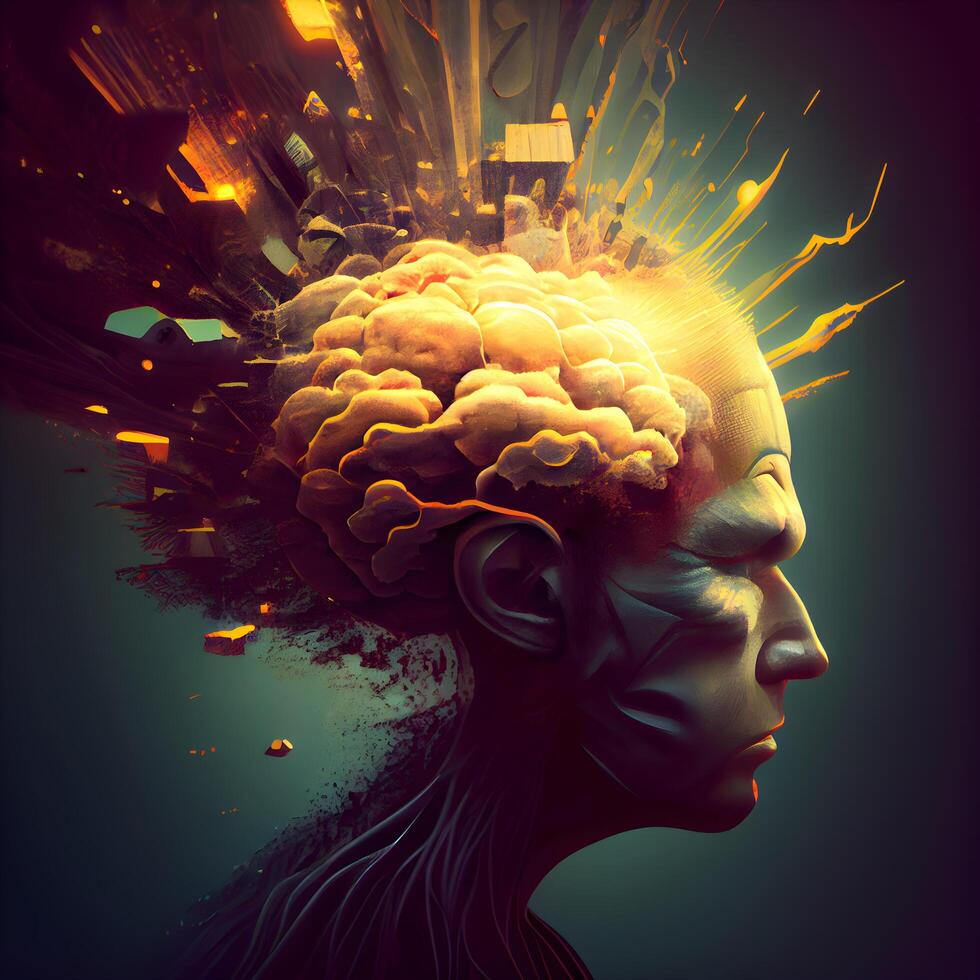 3d rendering of a human head with brain in digital art style, Image photo