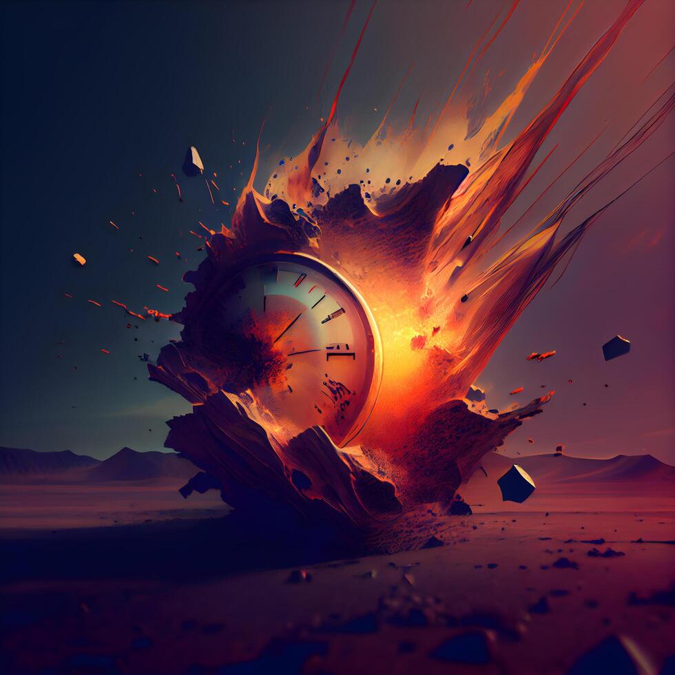 Time concept with clock in the desert. 3d render illustration., Image photo