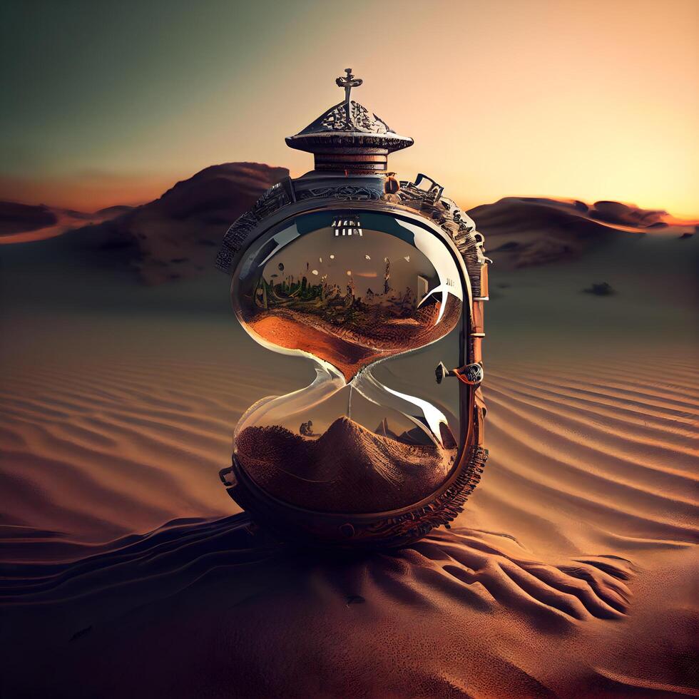 Time concept. Hourglass in sand desert. 3d render., Image photo