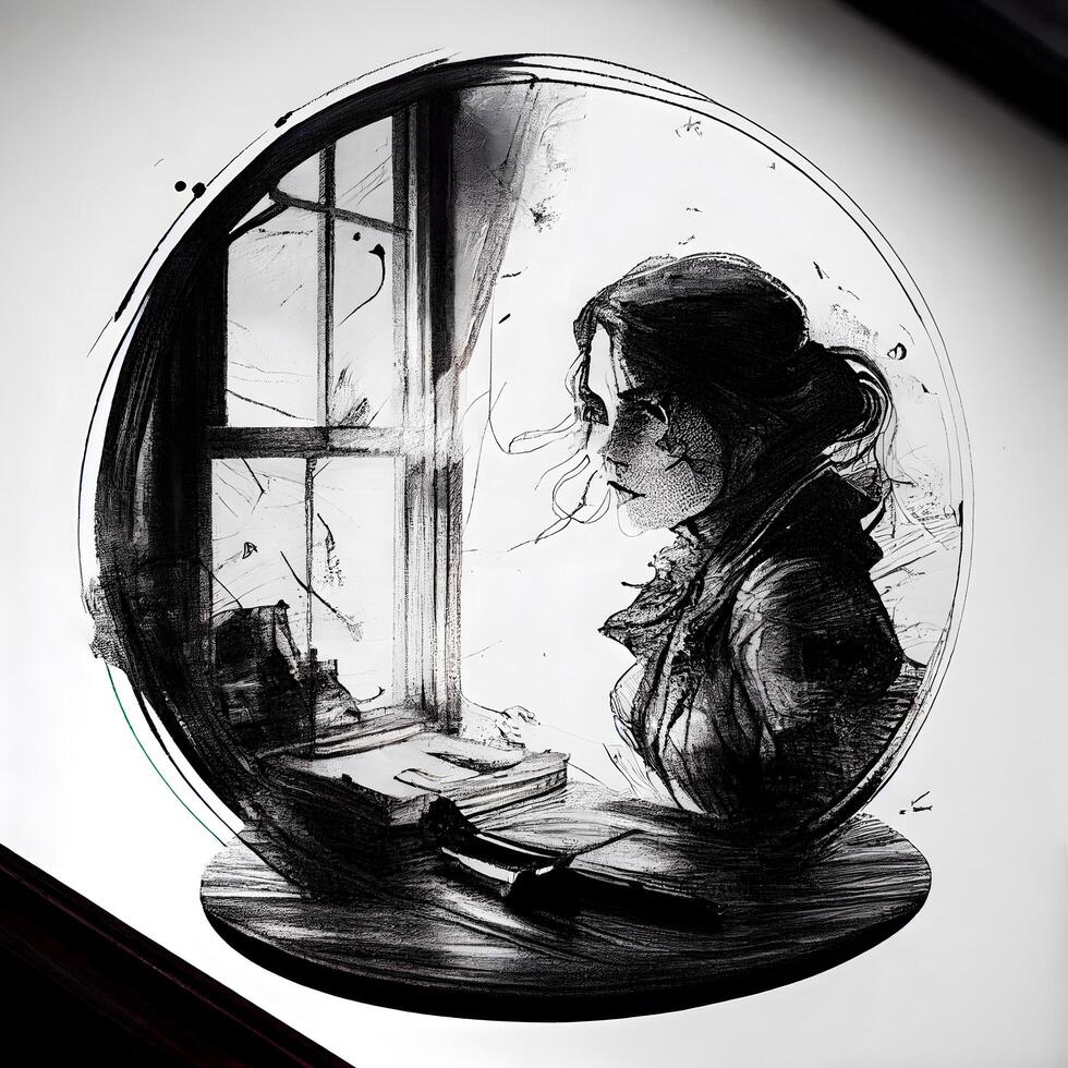 Sketch of a girl sitting at the window in the room, Image photo