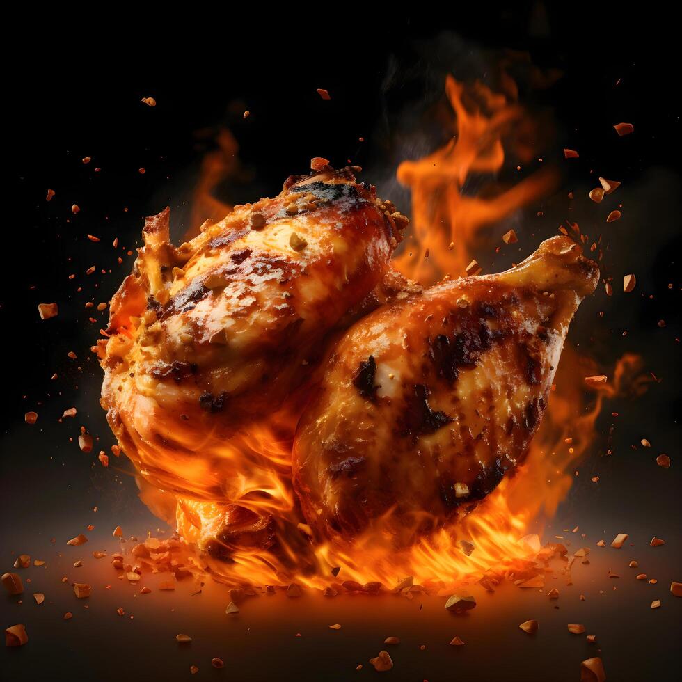 Grilled chicken with flames on a black background. 3d rendering, Image photo