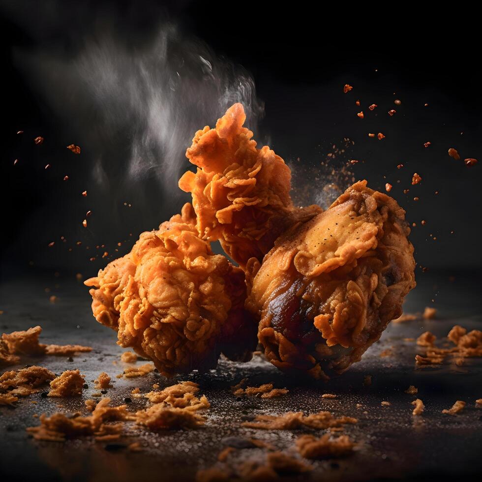 close up of a fried chicken on a black background with some smoke, Image photo